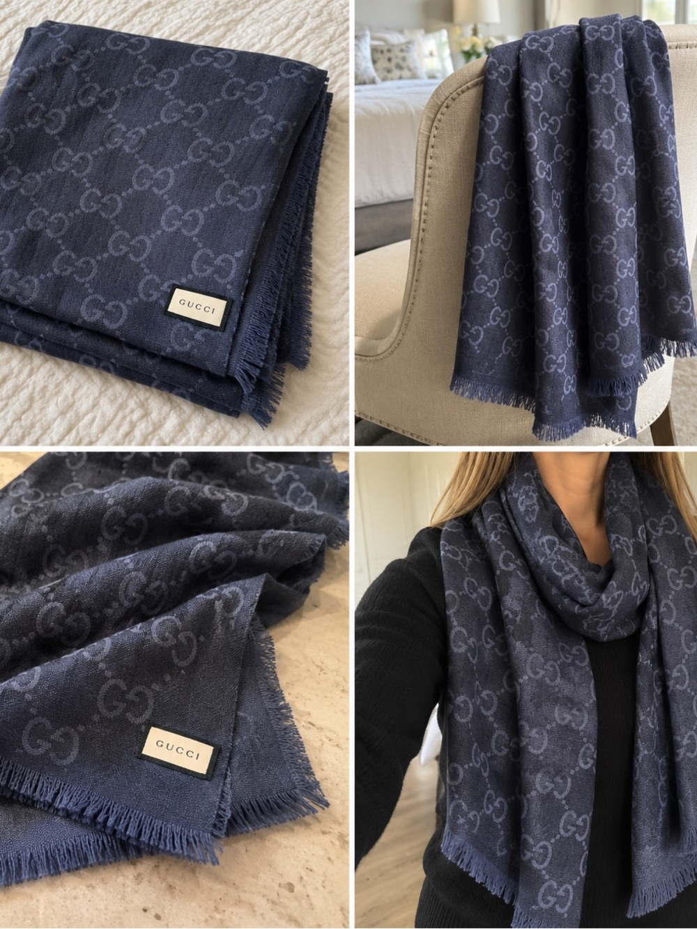 Gucci Navy GG Jacquard Wool-Blend Scarf with Fringe